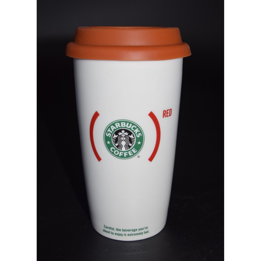 Starbucks RED Ceramic Travel Mug 12oz White Orange Excellent Hope Logo